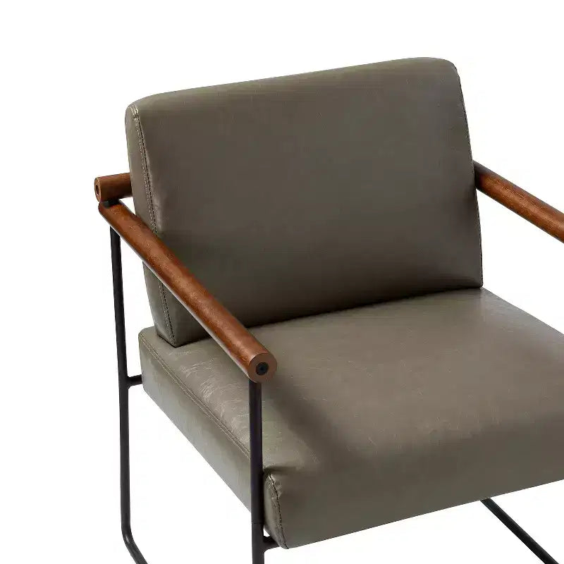 Modern Leather Accent Armchair with Metal Base and Round Wood Arms