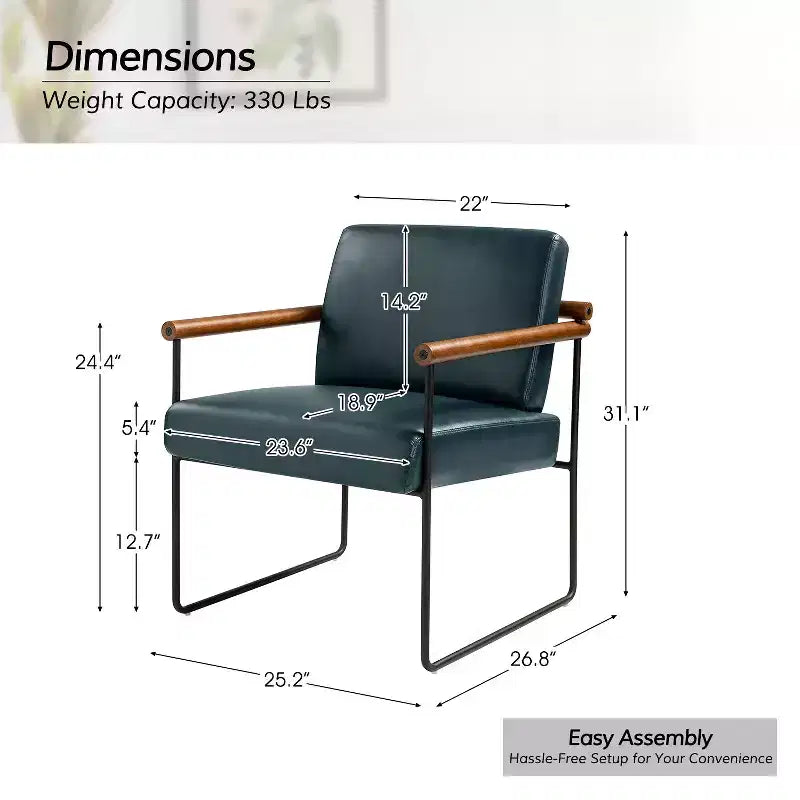 Modern Leather Accent Armchair with Metal Base and Round Wood Arms