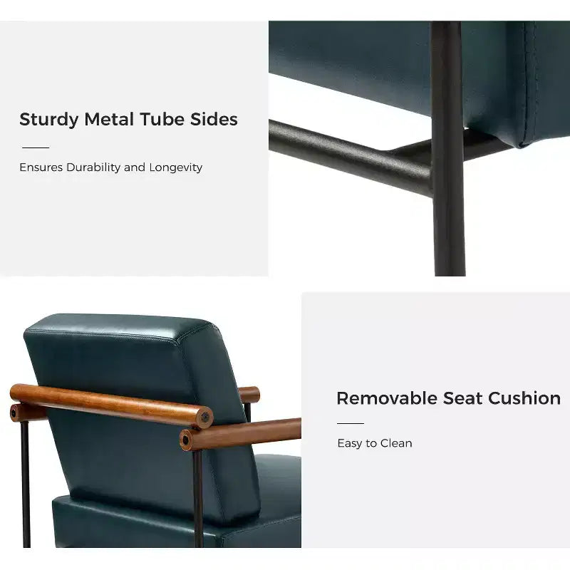 Modern Leather Accent Armchair with Metal Base and Round Wood Arms