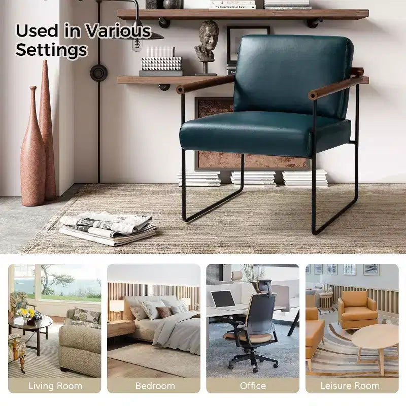 Modern Leather Accent Armchair with Metal Base and Round Wood Arms