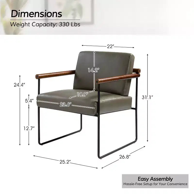 Modern Leather Accent Armchair with Metal Base and Round Wood Arms
