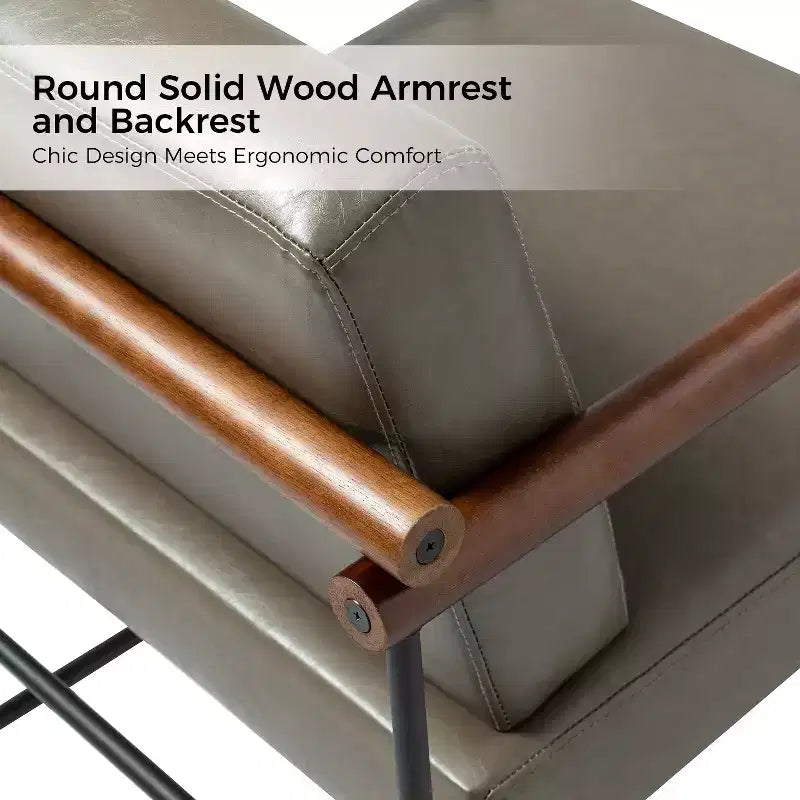 Modern Leather Accent Armchair with Metal Base and Round Wood Arms