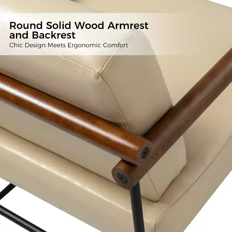 Modern Leather Accent Armchair with Metal Base and Round Wood Arms