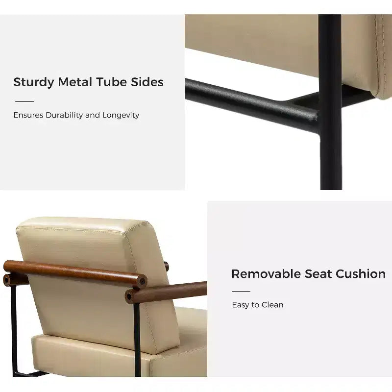 Modern Leather Accent Armchair with Metal Base and Round Wood Arms