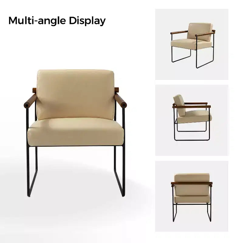 Modern Leather Accent Armchair with Metal Base and Round Wood Arms