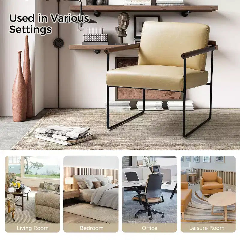 Modern Leather Accent Armchair with Metal Base and Round Wood Arms
