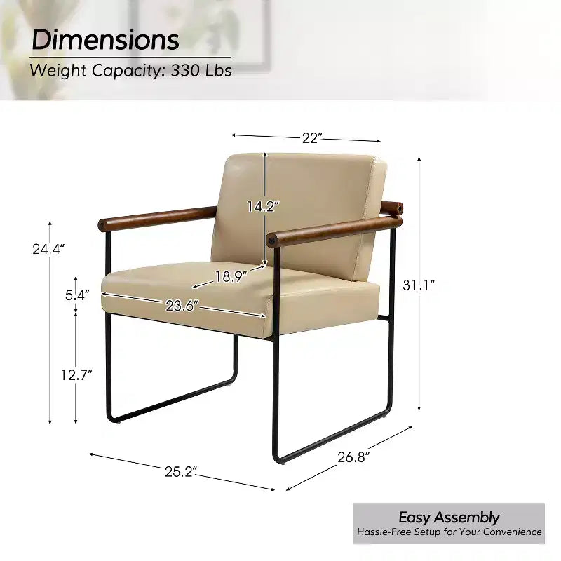 Modern Leather Accent Armchair with Metal Base and Round Wood Arms