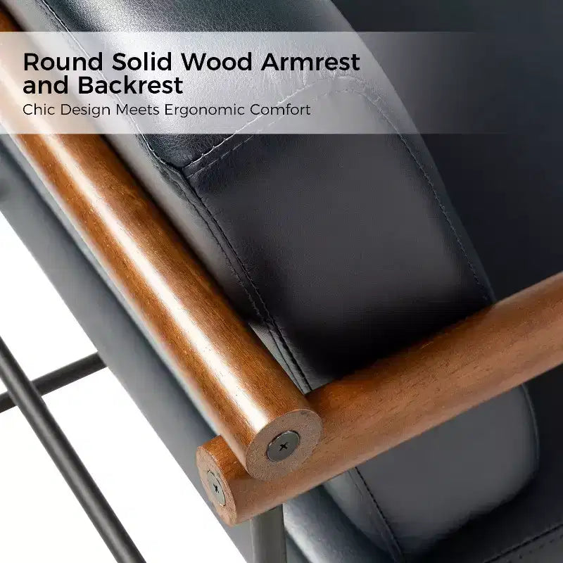 Modern Leather Accent Armchair with Metal Base and Round Wood Arms