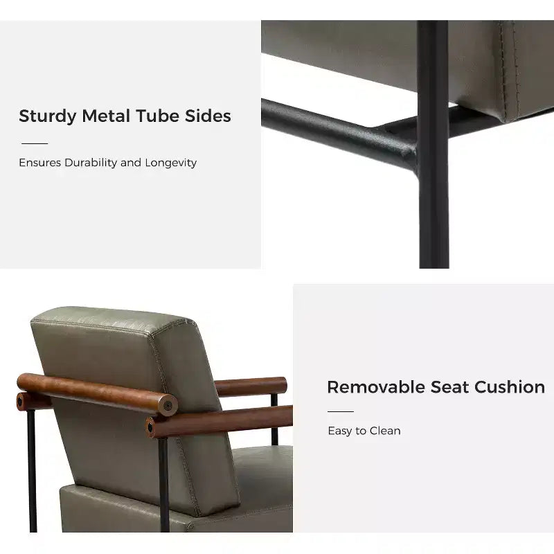 Modern Leather Accent Armchair with Metal Base and Round Wood Arms