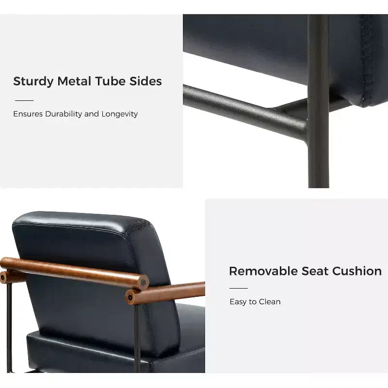 Modern Leather Accent Armchair with Metal Base and Round Wood Arms