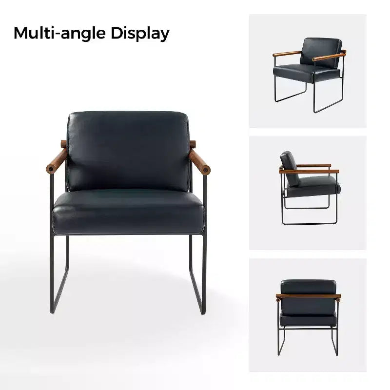 Modern Leather Accent Armchair with Metal Base and Round Wood Arms
