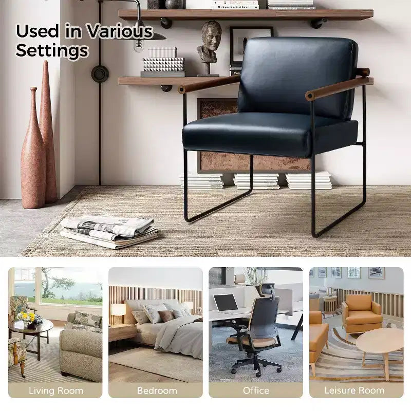 Modern Leather Accent Armchair with Metal Base and Round Wood Arms