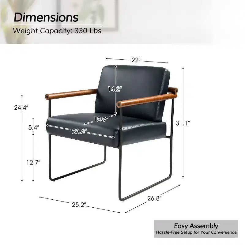 Modern Leather Accent Armchair with Metal Base and Round Wood Arms
