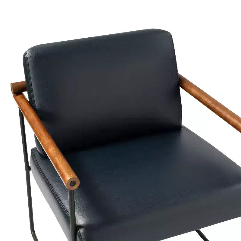 Modern Leather Accent Armchair with Metal Base and Round Wood Arms