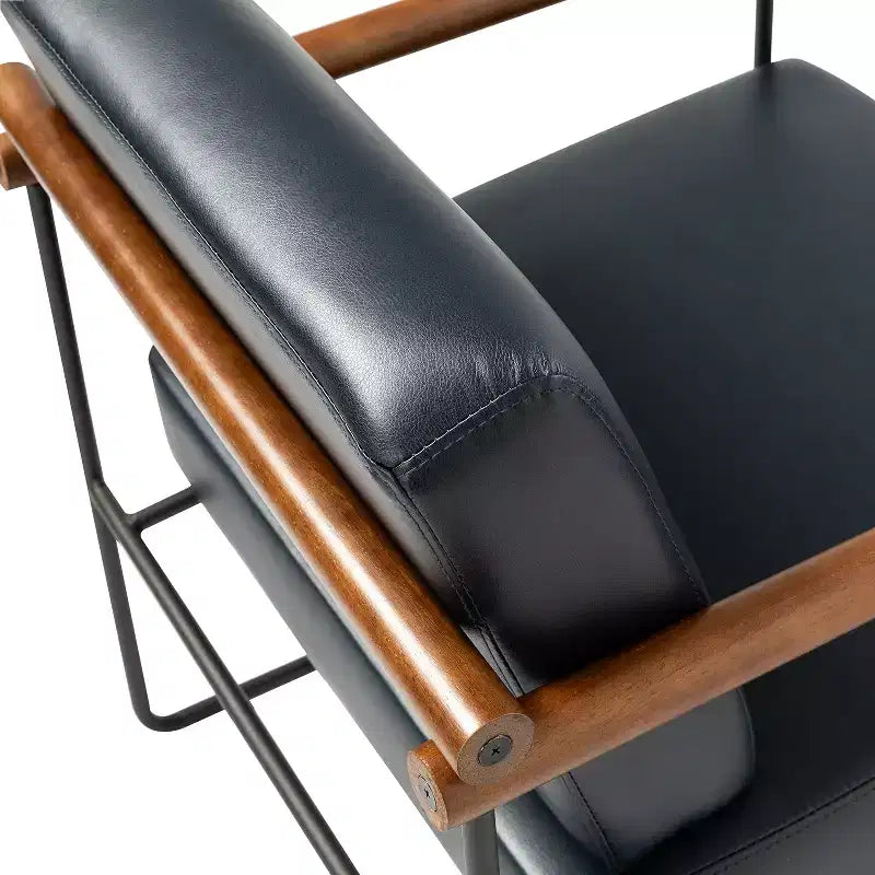 Modern Leather Accent Armchair with Metal Base and Round Wood Arms