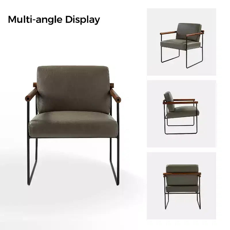 Modern Leather Accent Armchair with Metal Base and Round Wood Arms