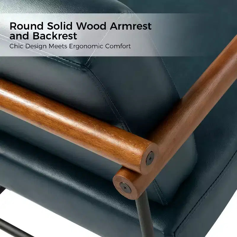 Modern Leather Accent Armchair with Metal Base and Round Wood Arms
