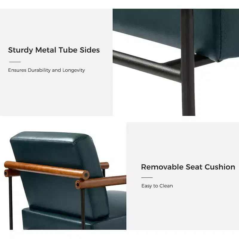 Modern Leather Accent Armchair with Metal Base and Round Wood Arms