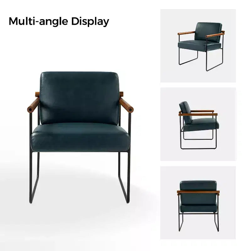 Modern Leather Accent Armchair with Metal Base and Round Wood Arms