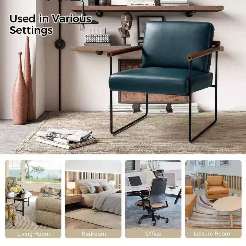 Modern Leather Accent Armchair with Metal Base and Round Wood Arms