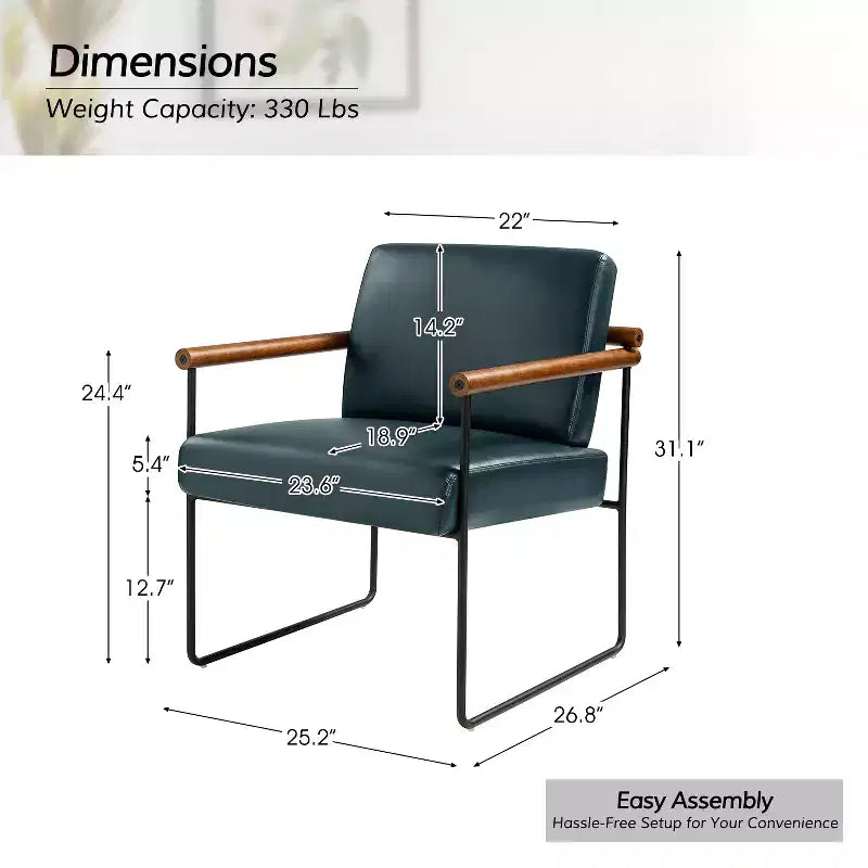 Modern Leather Accent Armchair with Metal Base and Round Wood Arms