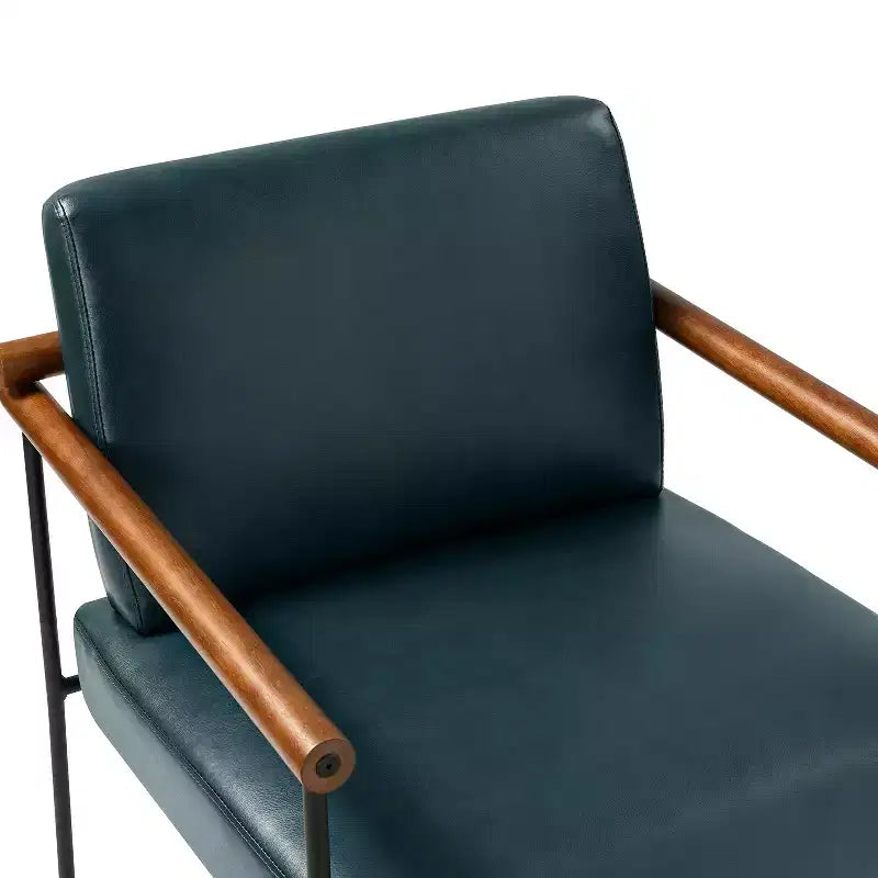 Modern Leather Accent Armchair with Metal Base and Round Wood Arms