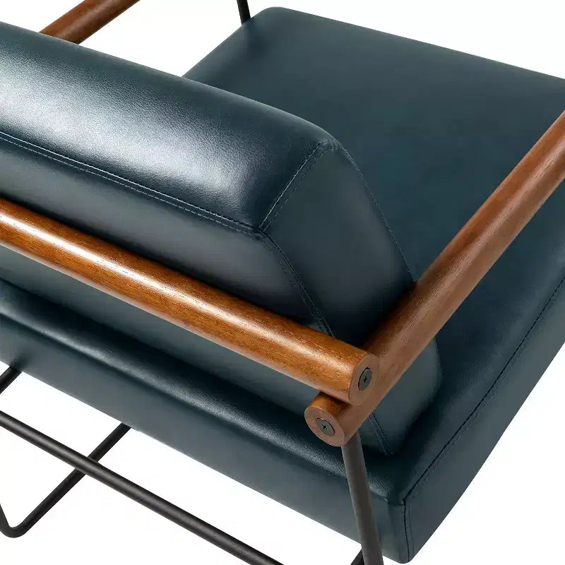 Modern Leather Accent Armchair with Metal Base and Round Wood Arms