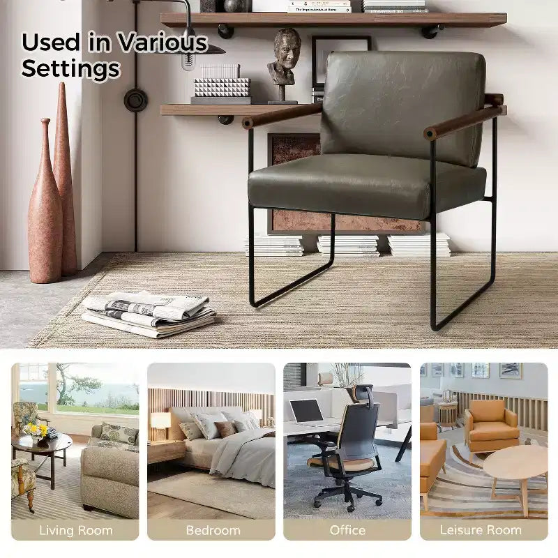 Modern Leather Accent Armchair with Metal Base and Round Wood Arms