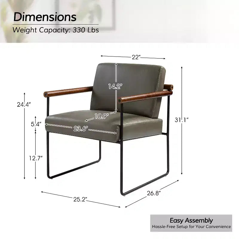 Modern Leather Accent Armchair with Metal Base and Round Wood Arms