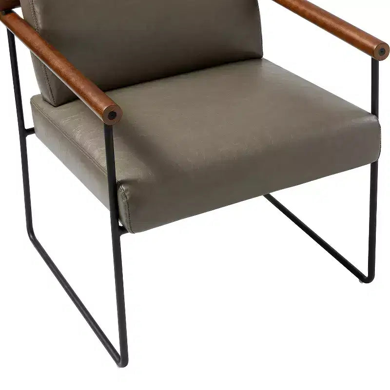 Modern Leather Accent Armchair with Metal Base and Round Wood Arms