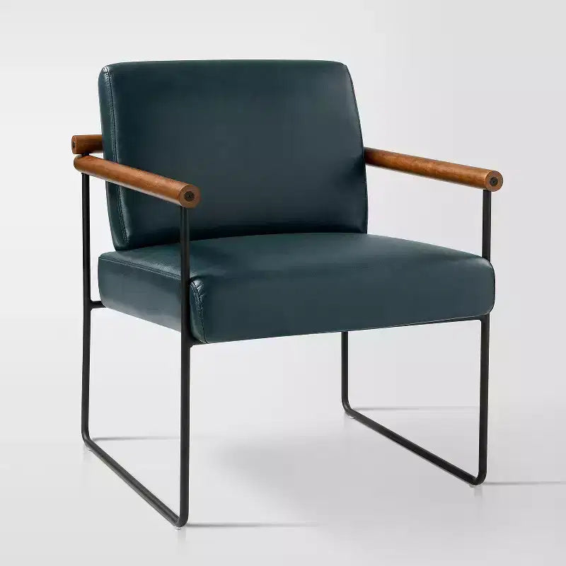 Modern Leather Accent Armchair with Metal Base and Round Wood Arms