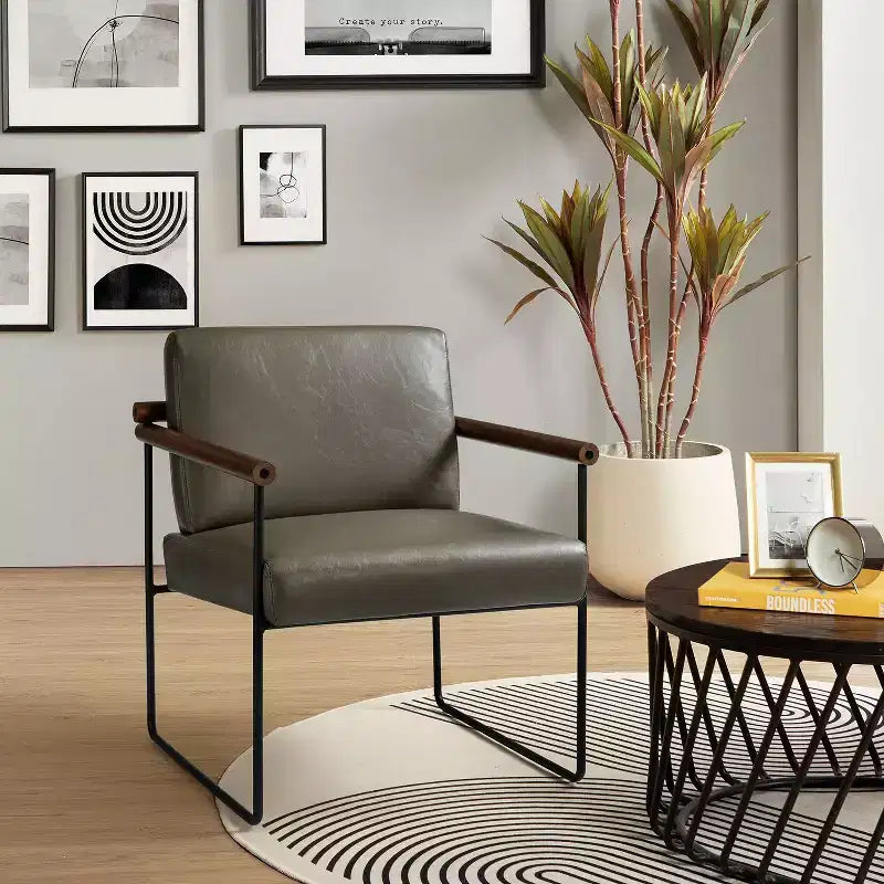 Modern Leather Accent Armchair with Metal Base and Round Wood Arms