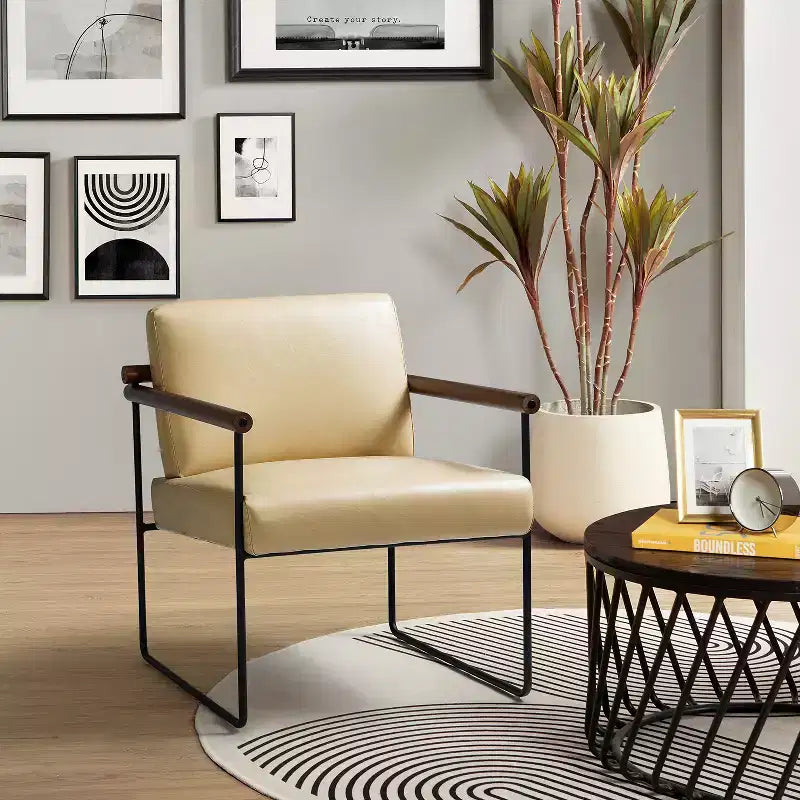 Modern Leather Accent Armchair with Metal Base and Round Wood Arms