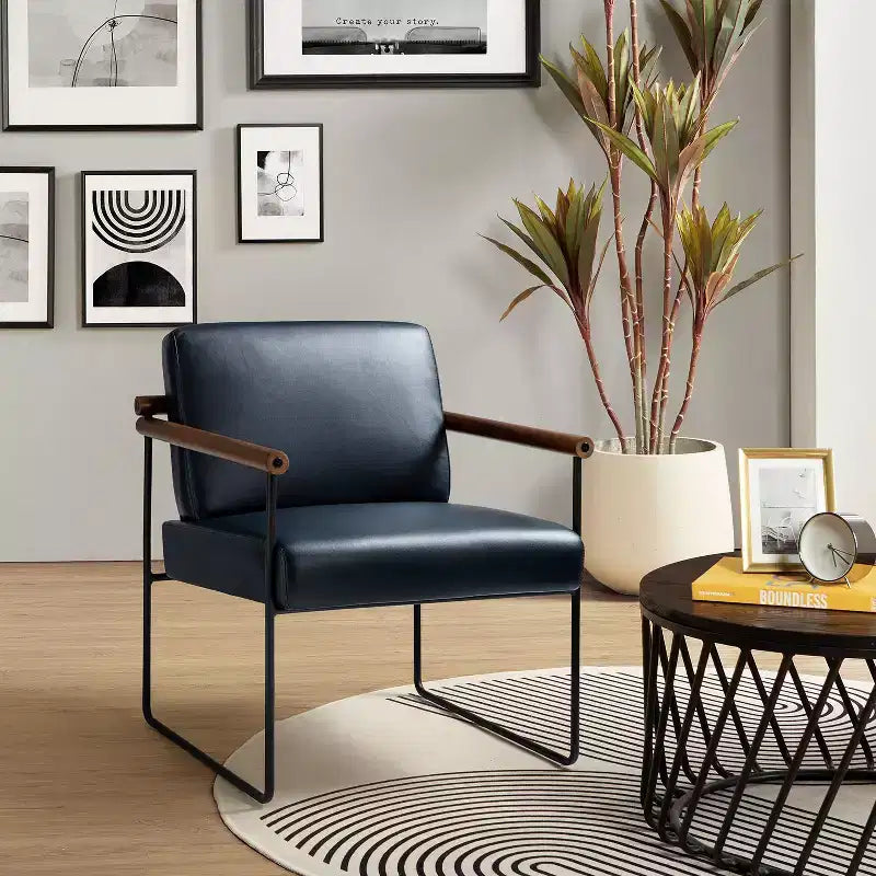 Modern Leather Accent Armchair with Metal Base and Round Wood Arms