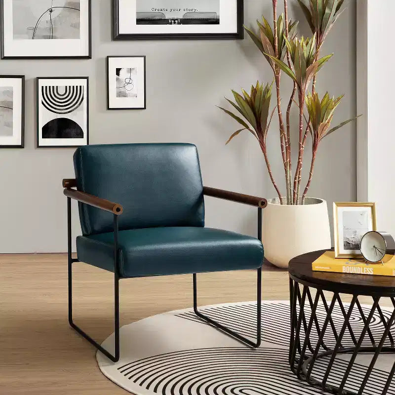 Modern Leather Accent Armchair with Metal Base and Round Wood Arms