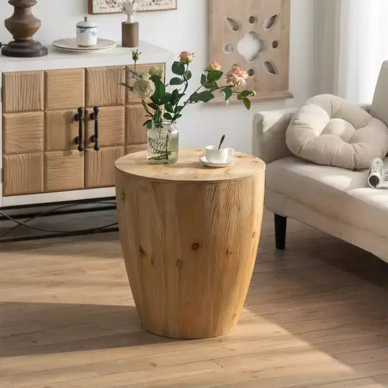 Rustic Solid Wood Round Coffee Table, Barrel Style with Storage, Natural