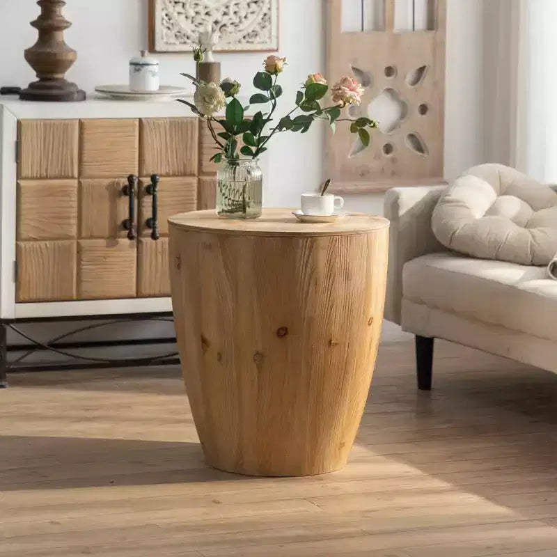 Rustic Solid Wood Round Coffee Table, Barrel Style with Storage, Natural
