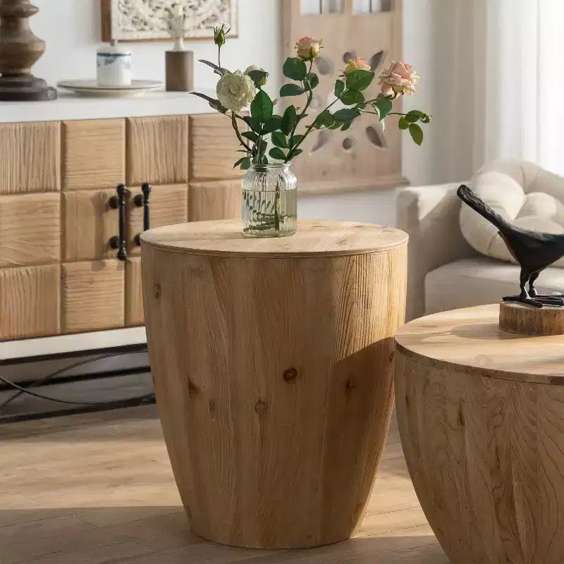Rustic Solid Wood Round Coffee Table, Barrel Style with Storage, Natural