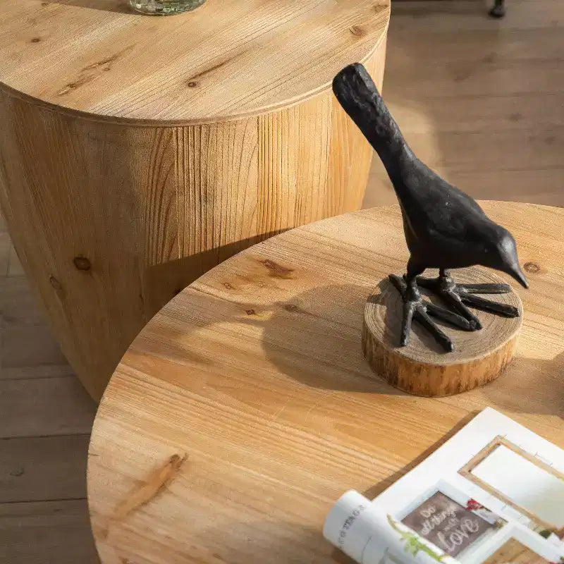 Rustic Solid Wood Round Coffee Table, Barrel Style with Storage, Natural