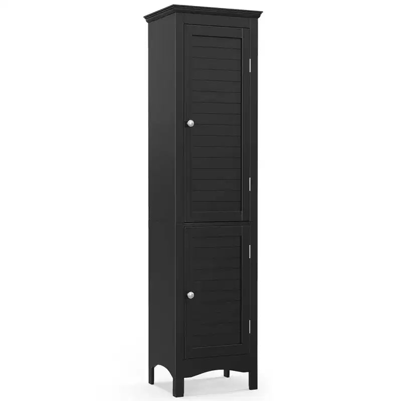Tall Bathroom Floor Cabinet, Narrow Linen Tower with 2 Louvered Doors & Adjustable Shelf, Black/Coffee/Grey
