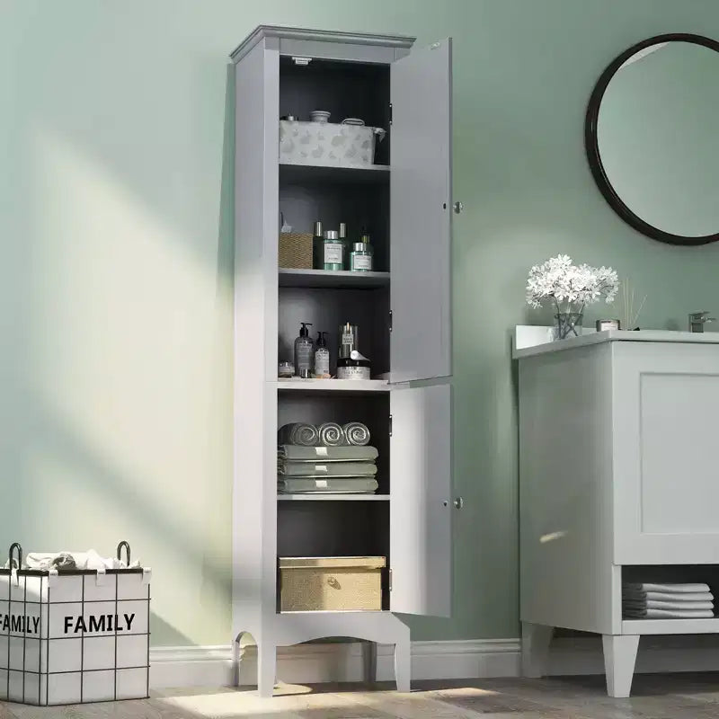 Tall Bathroom Floor Cabinet, Narrow Linen Tower with 2 Louvered Doors & Adjustable Shelf, Black/Coffee/Grey