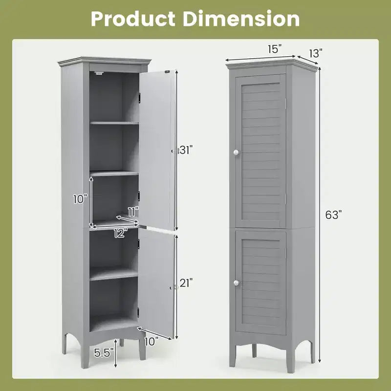 Tall Bathroom Floor Cabinet, Narrow Linen Tower with 2 Louvered Doors & Adjustable Shelf, Black/Coffee/Grey