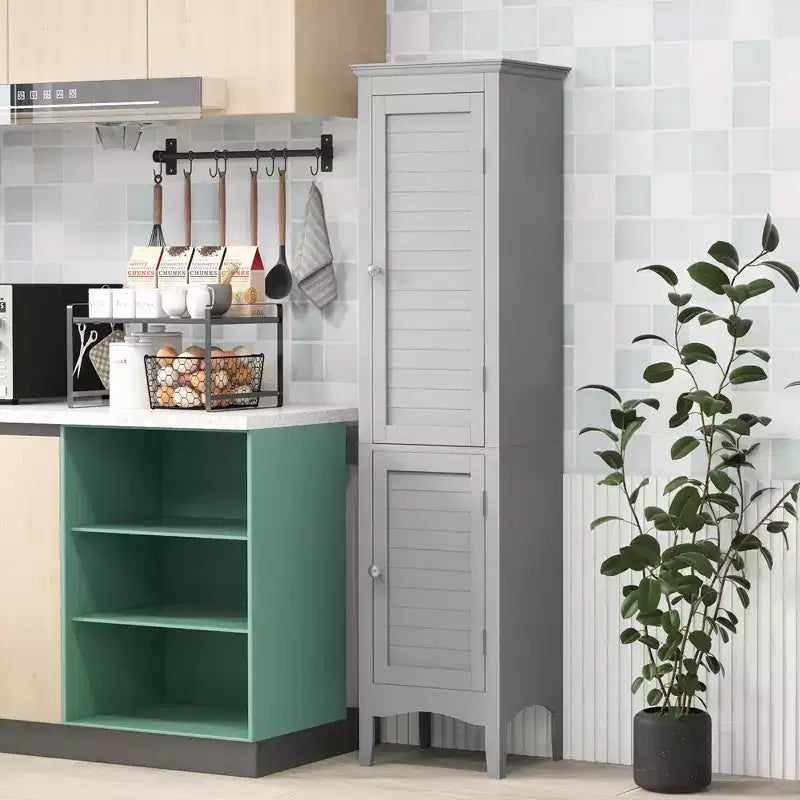 Tall Bathroom Floor Cabinet, Narrow Linen Tower with 2 Louvered Doors & Adjustable Shelf, Black/Coffee/Grey