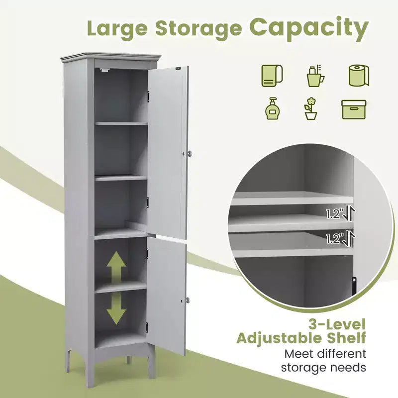 Tall Bathroom Floor Cabinet, Narrow Linen Tower with 2 Louvered Doors & Adjustable Shelf, Black/Coffee/Grey