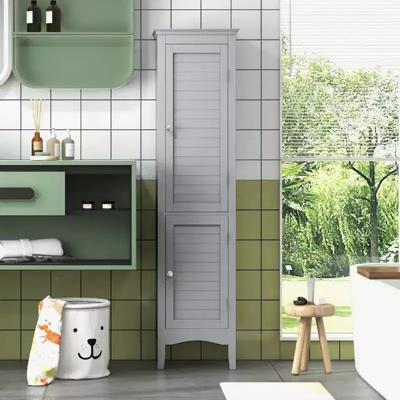 Tall Bathroom Floor Cabinet, Narrow Linen Tower with 2 Louvered Doors & Adjustable Shelf, Black/Coffee/Grey