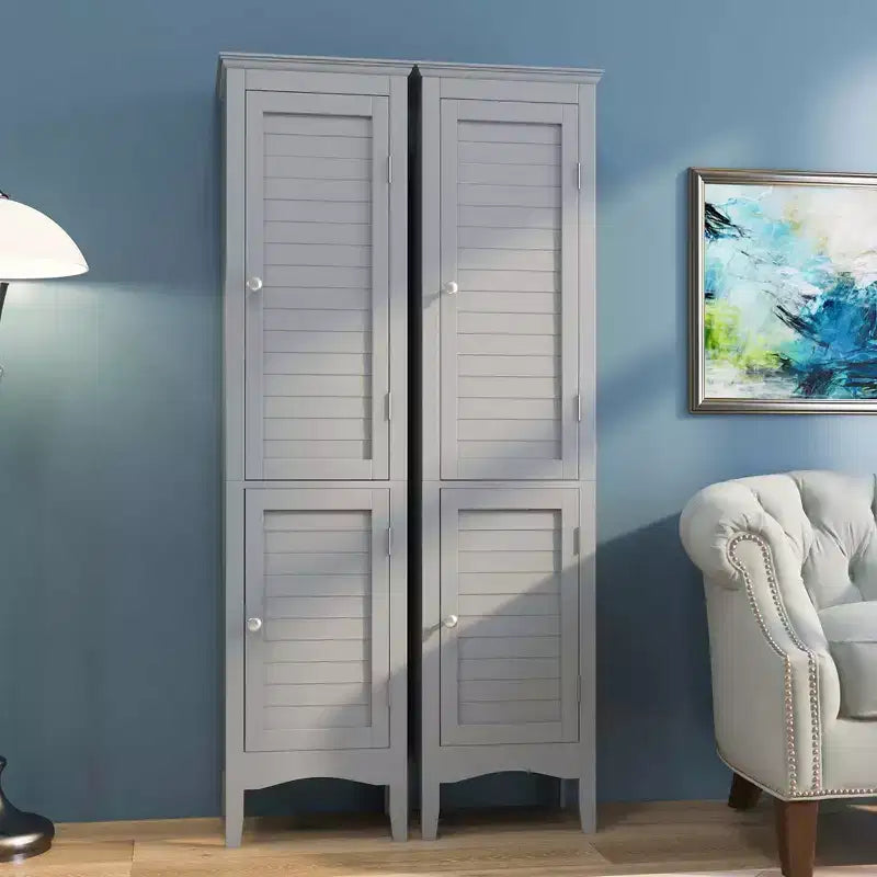 Tall Bathroom Floor Cabinet, Narrow Linen Tower with 2 Louvered Doors & Adjustable Shelf, Black/Coffee/Grey