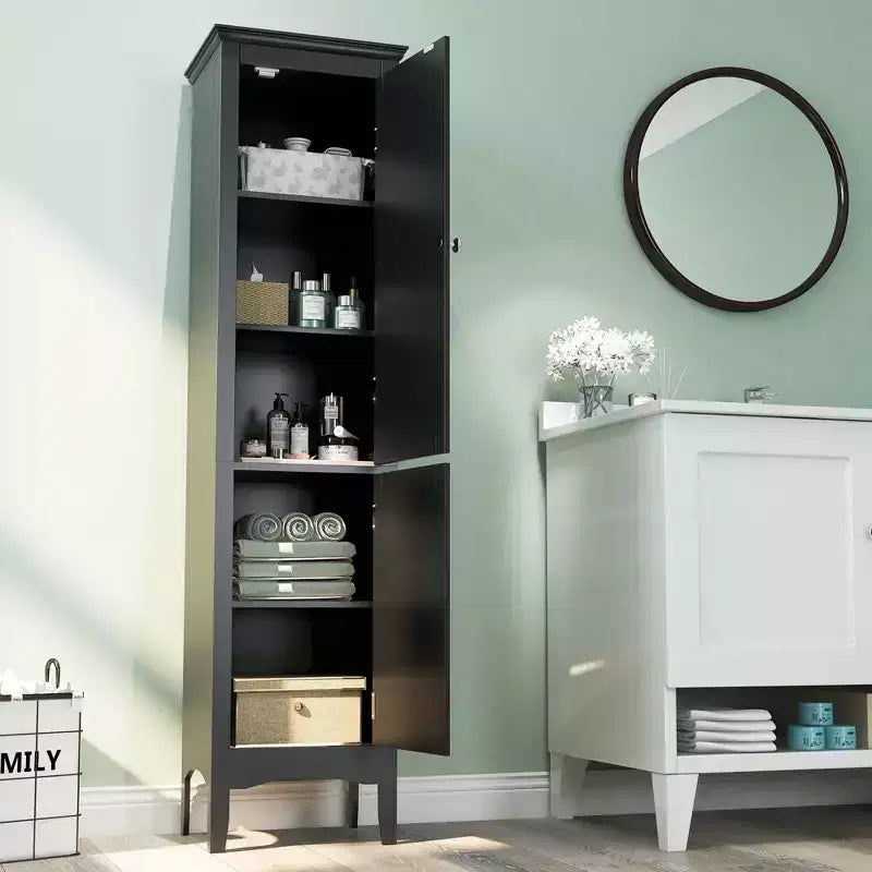 Tall Bathroom Floor Cabinet, Narrow Linen Tower with 2 Louvered Doors & Adjustable Shelf, Black/Coffee/Grey