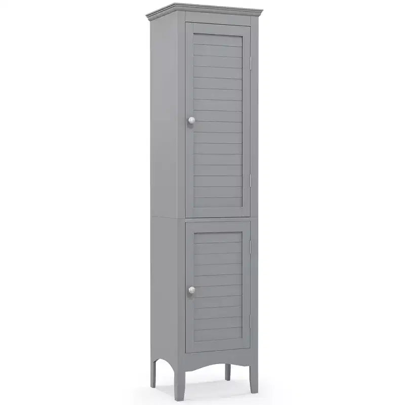 Tall Bathroom Floor Cabinet, Narrow Linen Tower with 2 Louvered Doors & Adjustable Shelf, Black/Coffee/Grey