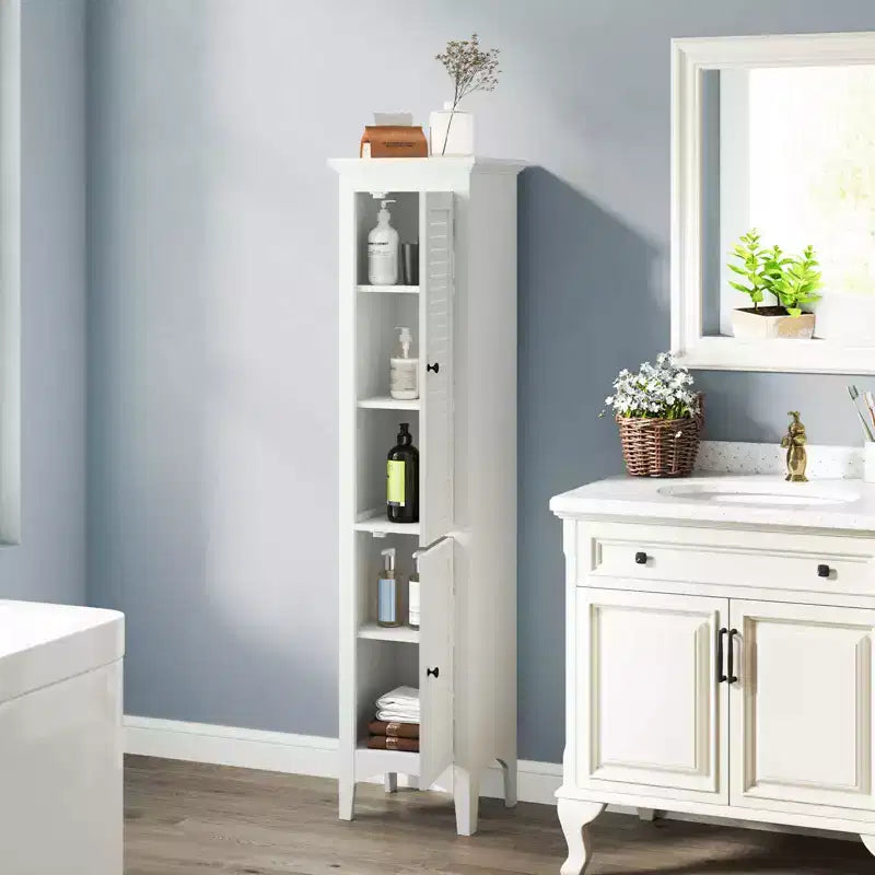 Tall Bathroom Floor Cabinet, Narrow Linen Tower with 2 Louvered Doors & Adjustable Shelf, Black/Coffee/Grey