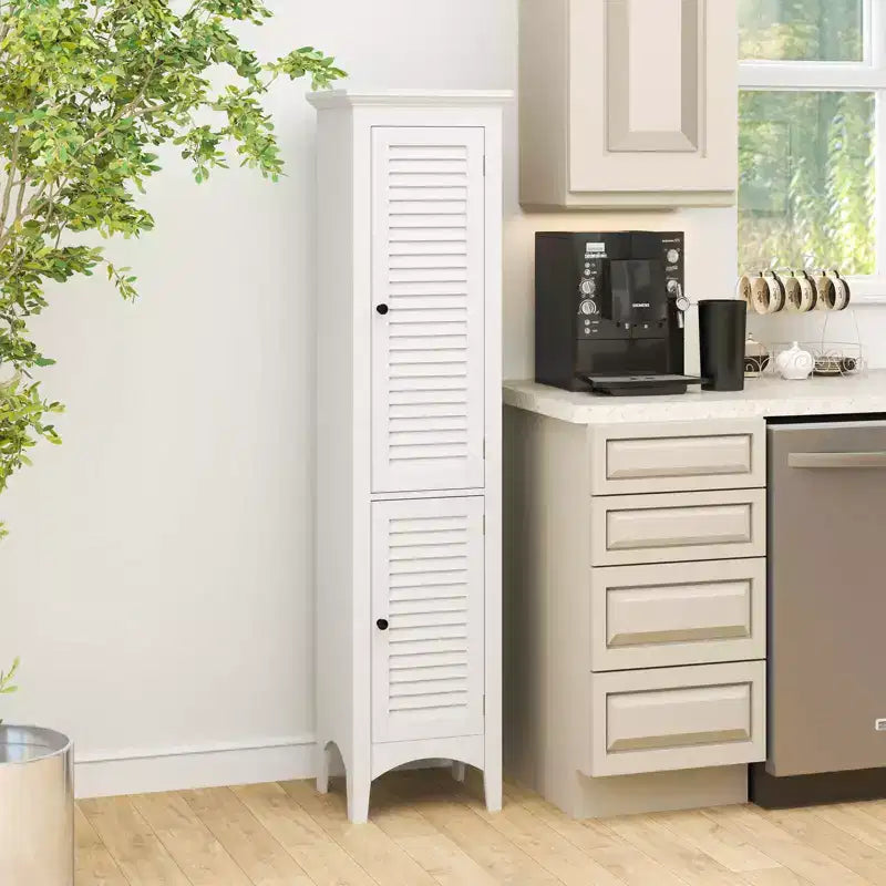Tall Bathroom Floor Cabinet, Narrow Linen Tower with 2 Louvered Doors & Adjustable Shelf, Black/Coffee/Grey